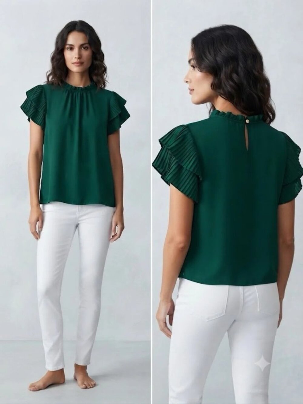 NWT ADRIANNA PAPELL womens BLOUSE green MOCK NECK pleated sleeves TOP SIZE M
